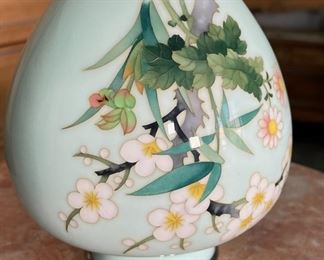 Japanese Cloisonne Enamel Cherry Blossom Vase Jade color	6.5 x 3 diameter at opening	
