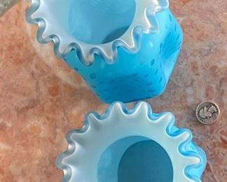 2pc Ruffle Rim Glass Satin Blue Dot	8.5 inches high	
