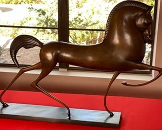 Heavy Bronze Etruscan Horse Sculpture Statue  in the Manner of Boris Lovet Lorski Art Deco	27 x 38 x 6.5in	HxWxD
