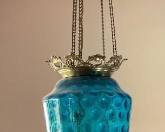Antique Blue Glass & Glass Coin Dot Hanging Lamp 44 x 8.5in diameter
