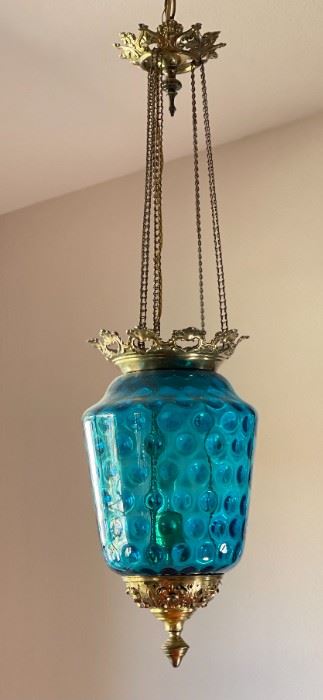 Antique Blue Glass & Glass Coin Dot Hanging Lamp	44 x 8.5in diameter	
