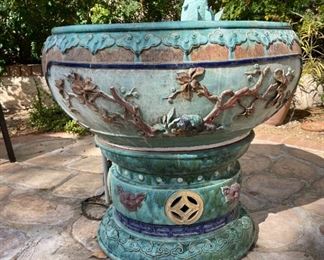 Huge Asian Ceramic Pedestal Fountain Koi Fish	32 x 32.5in at top diameter	
