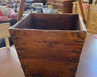 HUGE ANTIQUE primitive HANDCRAFTED Burl WOOD BASKET BUCKET, bowl, storage box with handle	22.5 inches tall by 16.75 inches wide by 15.25 inches wide basket 13 inches deep	
