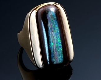 14k Gold Boulder Opal & White Coral Ring Designer Made 	Size: 7<BR>Center: 29x19mm	
