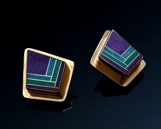 Zuni 14k Gold, Opal, Malachite, & Sugilite Earrings Native American 	31x26mm	
