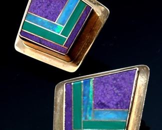 Zuni 14k Gold, Opal, Malachite, & Sugilite Earrings Native American 	31x26mm	
