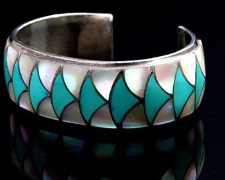 Zuni Orlinda Natewa Silver Turquoise & Mother of Pearl Cuff Bracelet Native American 	Size:6.25in<BR>21.5mmW	
