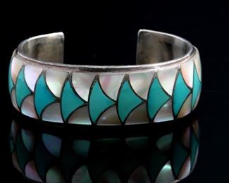 Zuni Orlinda Natewa Silver Turquoise & Mother of Pearl Cuff Bracelet Native American 	Size:6.25in<BR>21.5mmW	
