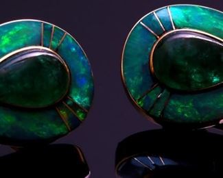 Set 18k Tony Malmed Gold Emerald & Opal Necklace Pendant & Earrings 	16in Long 	
