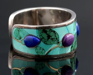 Jennifer Sihvonen Multi Gemstone Inlay Cuff Bracelet Sterling Silver, 18k Gold, Lapis, Sugilite Seeping Beauty Turquoise & Chinese Turquoise 	Size: 6.25in 26mmW	
