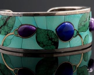 Jennifer Sihvonen Multi Gemstone Inlay Cuff Bracelet Sterling Silver, 18k Gold, Lapis, Sugilite Seeping Beauty Turquoise & Chinese Turquoise 	Size: 6.25in 26mmW	
