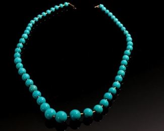 14k Gold & Sleeping Beauty Turquoise Graduated Round Bead Necklace 	Length: 26in<BR> Largest Bead: 14mm<BR>Smallest Bead: 7mm	
