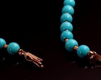 14k Gold & Sleeping Beauty Turquoise Graduated Round Bead Necklace 	Length: 26in<BR> Largest Bead: 14mm<BR>Smallest Bead: 7mm	
