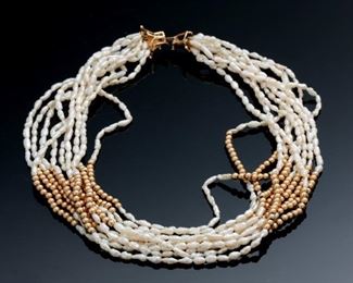 14k Gold Multi-Strand Seed Pearl Necklace With Gold Beads 10 Strand  	18in	
