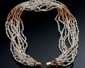 14k Gold Multi-Strand Seed Pearl Necklace With Gold Beads 10 Strand  	18in	
