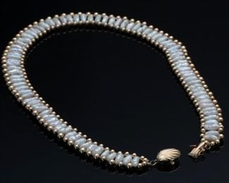 14k Gold Bead & Stick Pearl Ladder Choker Necklace 	16.5in Long 14mm W	
