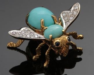 18k Gold Diamond & Sleeping Beauty Turquoise Bee Brooch Pin HL Sapphire 	24x26x14mm	
