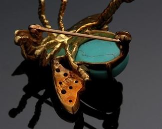 18k Gold Diamond & Sleeping Beauty Turquoise Bee Brooch Pin HL Sapphire 	24x26x14mm	
