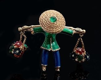 Ciner Asian Flower Basket Water Carrier Brooch Enamel Gripoix Jewelry Pin	47x51x16mm	
