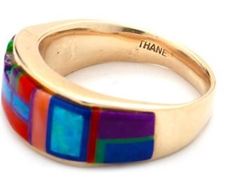 AS-IS 14k Gold THANE Deleon Multi Gemstone inlay Ring Native American 	Size: 11.75<BR>1mm w	
