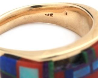 AS-IS 14k Gold THANE Deleon Multi Gemstone inlay Ring Native American 	Size: 11.75<BR>1mm w	
