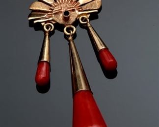 14k Gold & Coral Andy Kirk Navajo Kachina Pendant Native American 	Total Length: 3in<BR>Head: 28x28mm	

