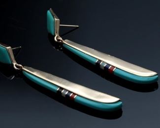 14k Gold Zuni Inlay Earrings Turquoise Coral Lapis Opal Native American 	Total Length: 2.75in  Main  Pendant: 50x4.5x7.5mm	

