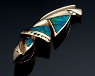 14k Gold THANE DeLeon Opal Diamond Emerald Pendant Native American 	54x17x4mm	
