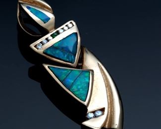 14k Gold THANE DeLeon Opal Diamond Emerald Pendant Native American 	54x17x4mm	
