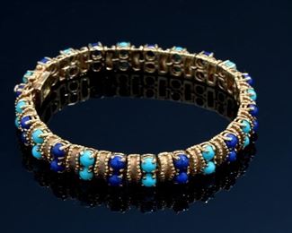 18k Gold Sleeping Beauty Turquoise & Lapis Bracelet 	Size: 7.75in 8mm W	
