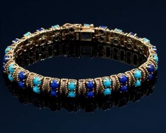 18k Gold Sleeping Beauty Turquoise & Lapis Bracelet 	Size: 7.75in 8mm W	
