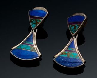 Ray Tracey Knifewing Sterling Silver Inlay Earrings Native American malachite Lapis	2in Long x 1in W	
