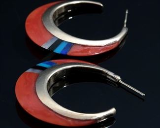 Zuni Inlay 14k Gold Coral Turquoise Lapis Jet Mother Earrings hoop Native American 	28mm diameter x 4mm thick 	
