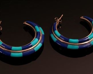Zuni Sterling Silver Turquoise & Lapis Hoop Earrings 		
