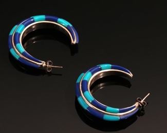 Zuni Sterling Silver Turquoise & Lapis Hoop Earrings 		
