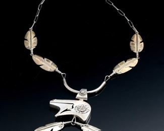 Navajo Ben Begaye Sterling Silver Feather Bear Necklace Native American 	24in Long Bear: 34x49mm	
