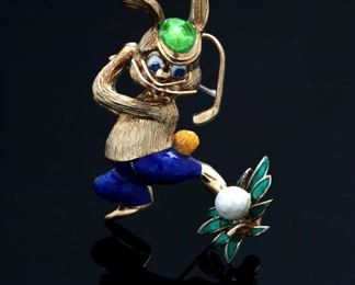 14k Gold Martine Enamel Golf Rabbit Brooch Pin Bunny 	46x35x12mm	
