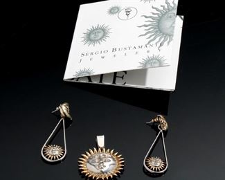 Sergio Bustamante Mexican Sterling Silver Vermeil Sun Pendant & Earrings Moon	Pendant: 39x32x7mm
