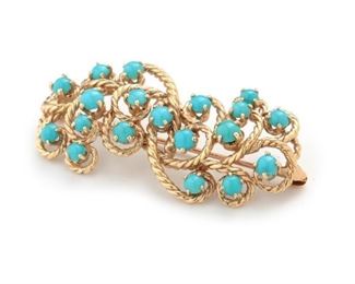 14k Gold Rope & Turquoise Bead Cluster Brooch  	22x43x9mm	
