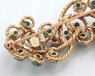 14k Gold Rope & Turquoise Bead Cluster Brooch  	22x43x9mm	
