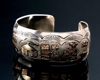 Navajo TA Begay Storyteller Cuff Bracelet Sterling Silver & 1/20th 12k Gold  T. A. Native American 	Sz: 6.25in Width: 1in 	
