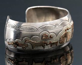 Navajo TA Begay Storyteller Cuff Bracelet Sterling Silver & 1/20th 12k Gold  T. A. Native American 	Sz: 6.25in Width: 1in 	
