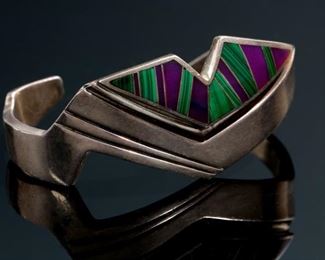 Ray Tracey Knifewing Sterling Silver Inlay Cuff Bracelet Native American Malachite Lapis	Size: 6.5in 1.15in W (at widest point)	

