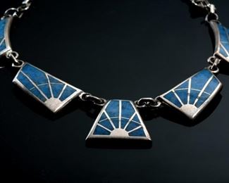 Teme Navajo Sterling Silver Lapis Panel Necklace Native American 	16in Long Center Panel: 20x22mm	

