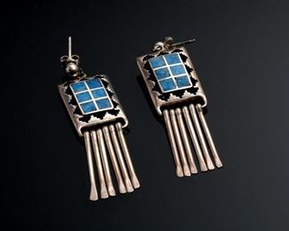 Teme Navajo Sterling Silver Lapis Earrings PAIR Native American 	2in x.5in 	
