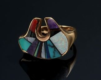 14k Gold Zuni Bear Multi Gemstone Inlay Ring 	Size: 7.5 Center: 16x19mm	
