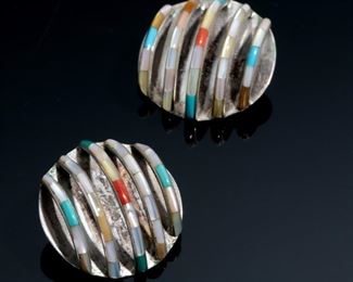 Native American Inlay Disc Earrings 	27mm Diameter 10mm D	
