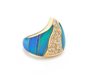 14k Gold, Diamond & Opal Ring Signed Dorato	Size: 5.35 Center: 20mm wide (at widest point) 	

