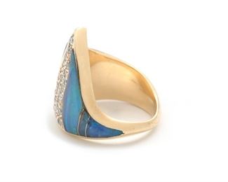 14k Gold, Diamond & Opal Ring Signed Dorato	Size: 5.35 Center: 20mm wide (at widest point) 	
