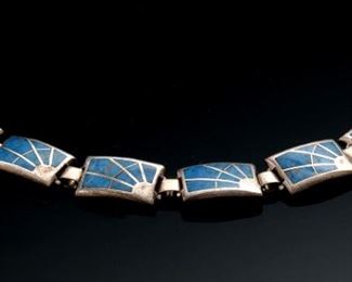 Teme Navajo Sterling Silver Lapis Panel Bracelet  Native American 	7.25in Long x .5in w	
